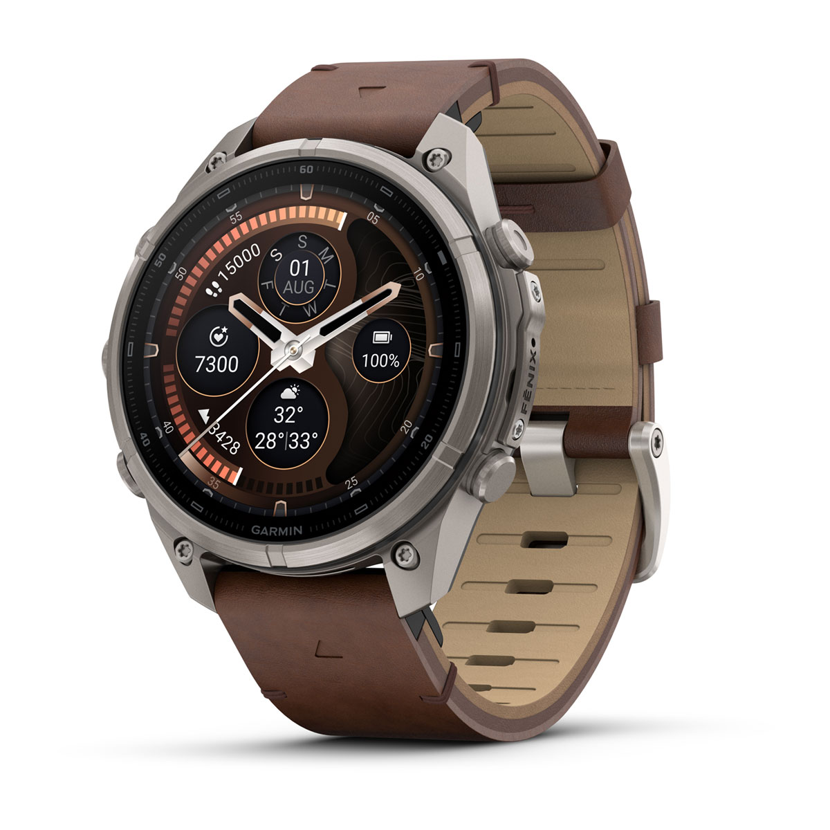 Garmin fēnix 9 Pro inReach 47 מ״מ – מבט חזית, עור חום